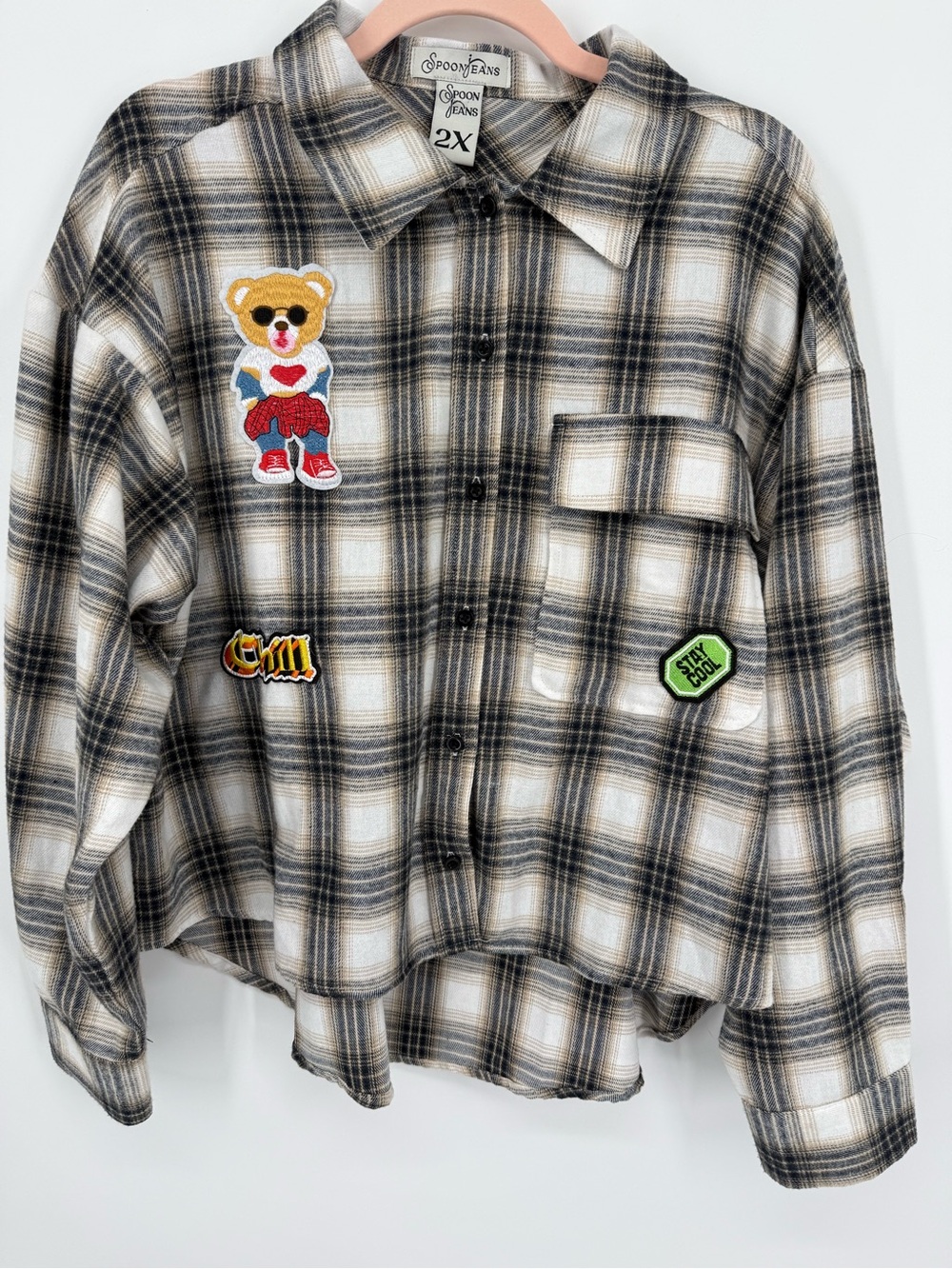 Spoon Jeans Women's Plaid Crop Y2K 2X Shirt Jacket Grunge Bear Patch Streetwear